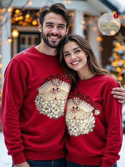 SHEIN LUNE Sudadera con capucha de manga larga, cuello redondo grueso, de ajuste holgado, con estampado gráfico minimalista de Papá Noel, adecuada para otoño/invierno, Navidad, fiestas, renos navideños, reuniones navideñas, fiestas navideñas, reuniones familiares, a juego con la familia, parejas, hermanas