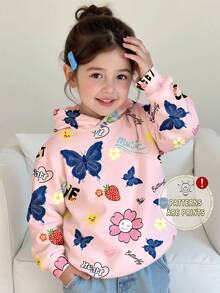 1 件女童可爱蝴蝶花朵字母印花连帽运动衫，时尚休闲上衣，适合年轻女孩，春秋季 - 彩色 - 查看 1