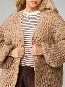MISSGUIDED Oversized Chunky Knit Cardigan With Balloon Sleeves For Fall Winter Layering - Khaki - View 5