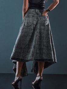 Denimoi Asymmetrical Hem High Slit Distressed Pattern Detail Denim Skirt - Grey - View 5