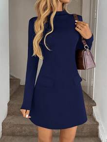 Easowa Hochkragiges, tailleneingeschnürtes, figurbetontes A-Linien-Minikleid mit langen Ärmeln, lässig und locker, im Vintage-Stil für Damen, Herbst/Winter - marineblau - Übersicht 3