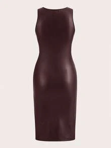 SHEIN EZwear 大码女式纯巧克力棕色弹力皮革无袖褶皱紧身连衣裙 - 巧克力棕 - 查看 2