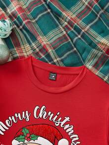 SHEIN LUNE Áo thun cổ tròn tay ngắn in hình ông già Noel phù hợp với gia đình Giáng sinh dành cho nữ, thích hợp cho năm mới, tiệc tùng, màu đỏ - Đỏ - Xem 3