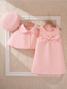 Souflis 4-7 Years Old Girls Autumn/Winter Vintage Sweet Pink Suit + Beret Hat, Reversible Soft & Skin-Friendly, Oversized Collar Cape + Front Bow A-Line Dress Retro & Cute, Beret Hat Adds Elegance, Suitable For Birthday Party, Holiday Event, Daily Wear, Transforms Your Little Girl Into An Elegant Lady - Pink - View 2