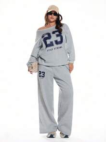 Solavibe Plus Size Street Fashion Plus Size Number Printed Thermal Lined Sweatshirt And Sweatpants 2 Pieces Set, Suitable For Autumn/Winter - Light Grey - View 5