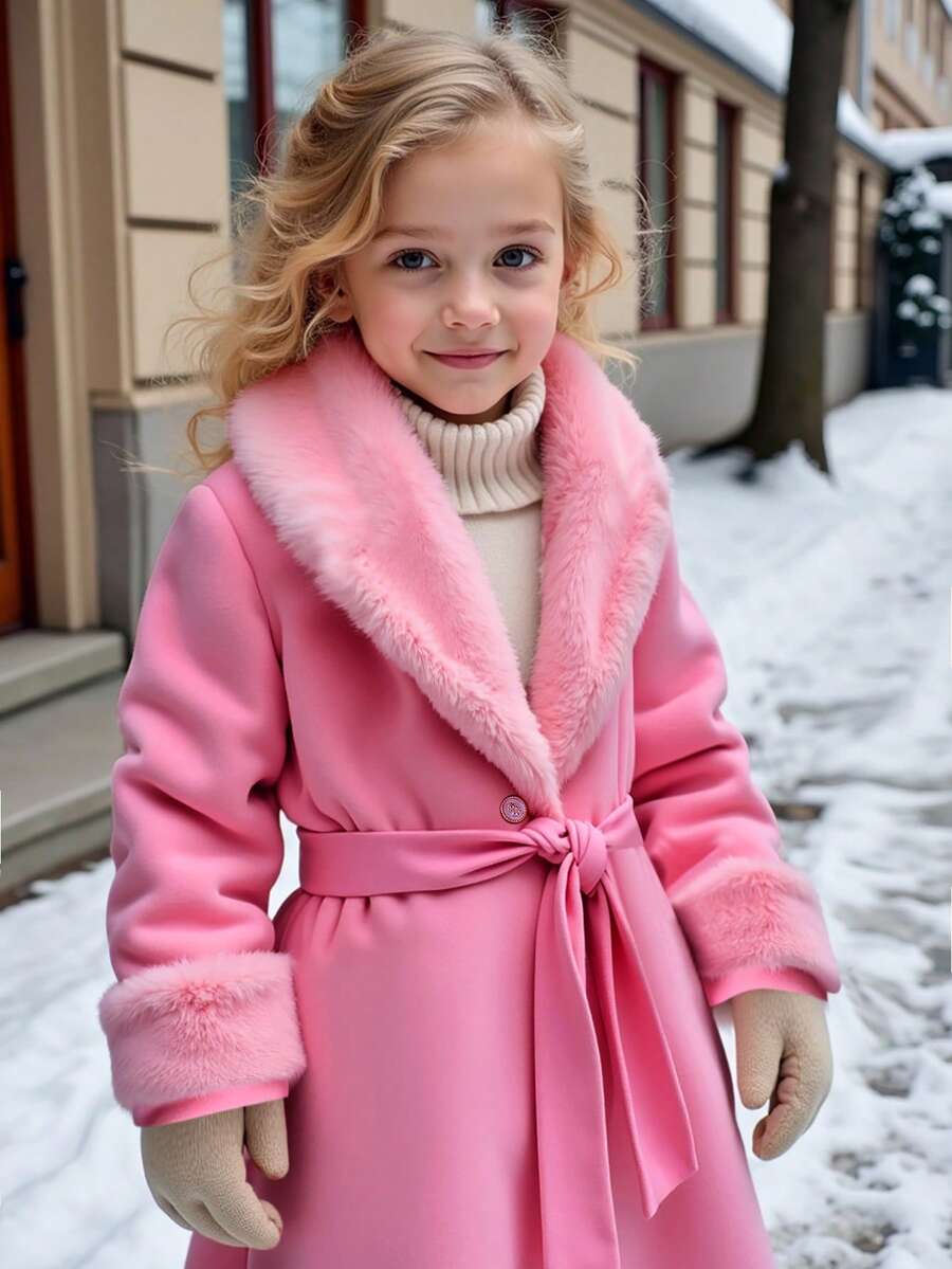 SHEIN Elladie kids 女童仿毛领大衣,优雅可爱,适合年轻女孩冬季穿着。优雅女童外套,抓绒外套,秋冬季女童连衣裙,女童大衣。 - 西瓜粉 - 查看 1