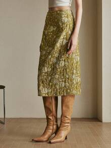 Arave 女士纹理提花 H 型褶皱浪漫印花 A 字裙，适合日常通勤 - 綠色 - 查看 6