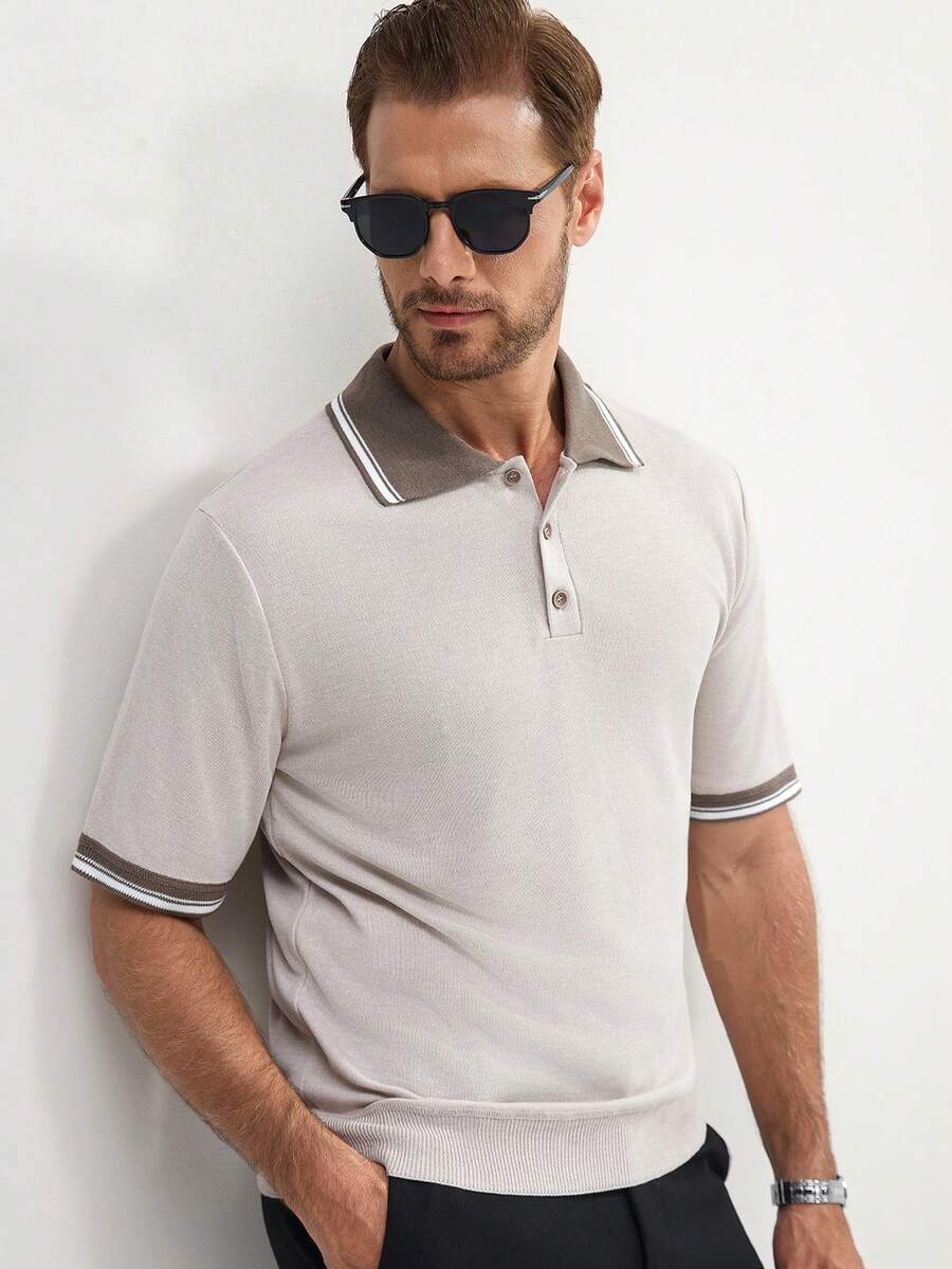 Calvornis Maglione casual a maniche corte da uomo, in maglia, con blocchi di colore e patchwork - Beige - Visualizzare 1