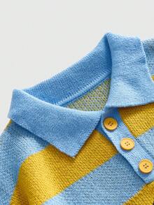 ROMWE MEN Prep Men's Letter Embroidery Striped Knit Sweater With Turndown Collar, Collegiate Style Street Wear, Winter - Multicolor - View 3
