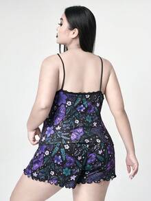 ROMWE Plus Size Gothic Dark Moth, Plant, Butterfly, Floral Full Print Lace Bow Camisole & Shorts Pajama Set - Black - View 3