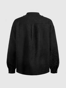 ROMWE MEN Men Solid Color Ruffle Gothic Front Button Elegant Long Sleeve Shirt, Fall - Black - View 2