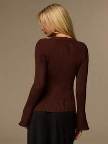 Glamine Women's Slim Fit Waist Design, Hem Slit Metal Button Decor, Casual Round Neck Long Sleeve Pullover Sweater - Brown - View 2