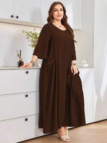 Al Najma Women's Loose Fit Round Neck 3/4 Sleeve Dress With Large Pockets, Comfortable , Casual Daily Wear, Plus Size - Rust Brown - View 1
