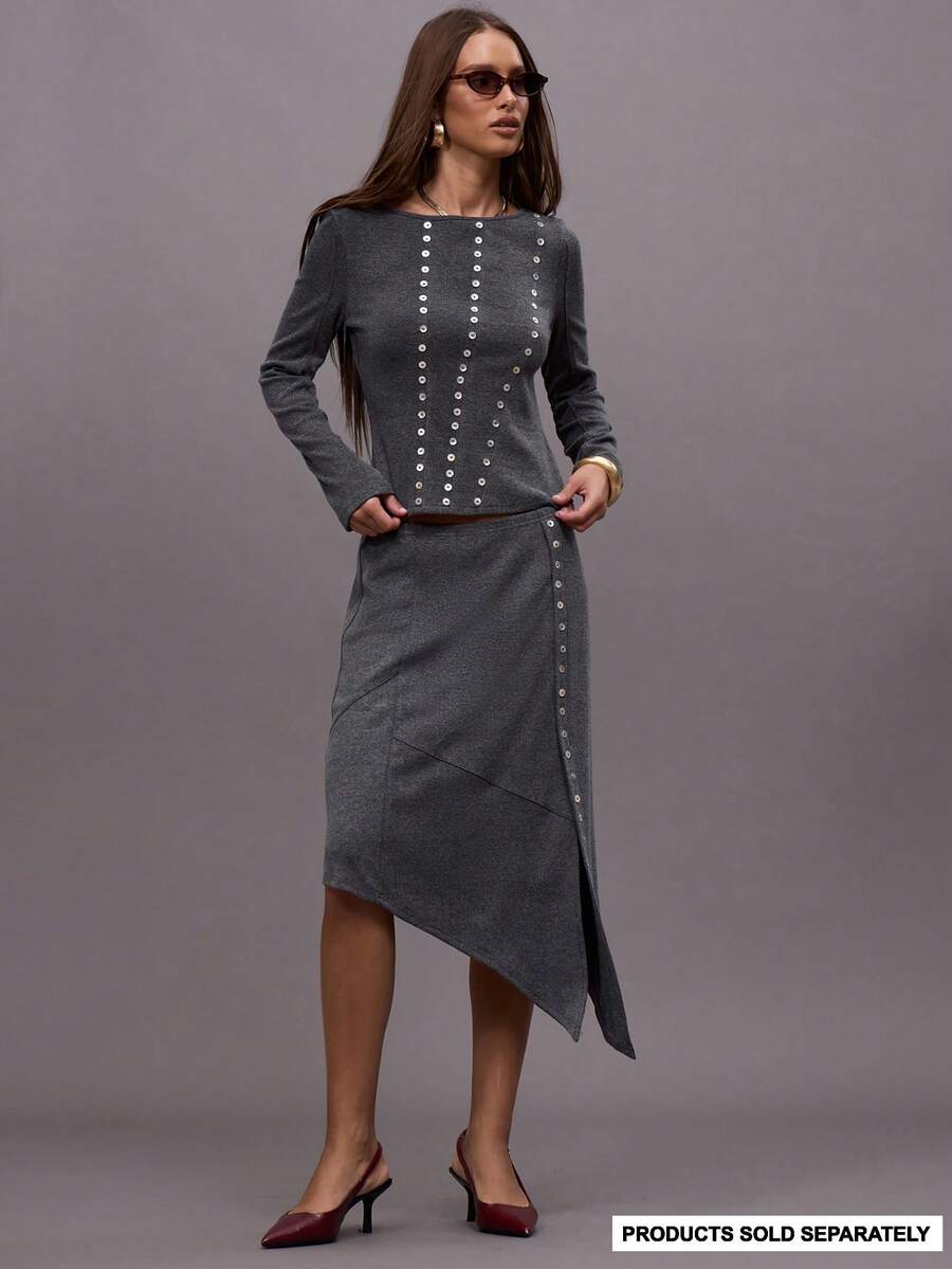 MUSERA 不对称下摆珍珠纽扣细节针织中长裙套装下装，适合夜间外出、街头风、可爱性感、优雅夏季穿着 - 灰色 - 查看 1