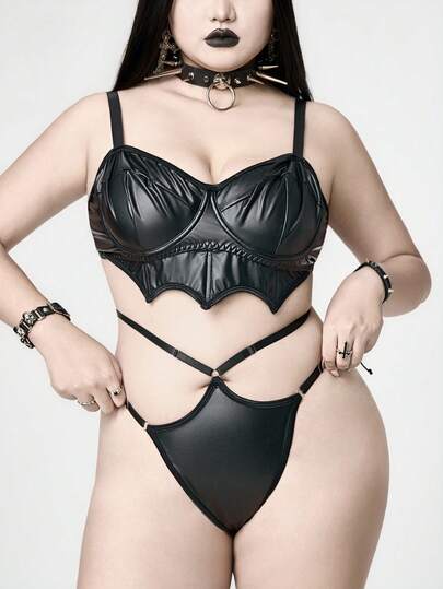 Grunge Punk Conjunto de lencería sexy de sujetador con aros y tirantes estrechos con diseño de alas de murciélago de estilo oscuro y punk para tallas grandes