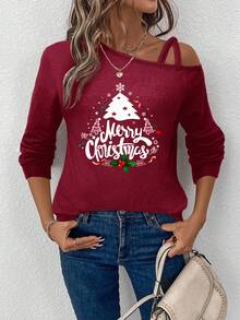 SHEIN LUNE Women's Casual Christmas Tree Letter Print Long Sleeve T-Shirt,Dark Red,Autumn,Occasion,New Year Party,Family Matching Gathering,Graphic Red Top - Burgundy - View 3