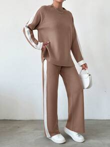 EURMUSE Sweater And Pants Two-Piece Set With Raglan Sleeve - Rusty Rose - View 5