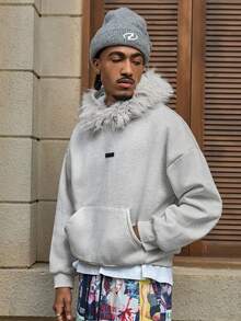 AXEPEAK Men's Fashionable Detachable Fur Collar Hoodie, Autumn/Winter - Apricot - View 4