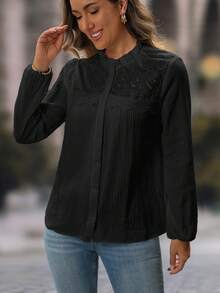 EMERY ROSE Women's Fashion Casual Mesh Embroidered Button Long Sleeve Shirt - Black - View 3