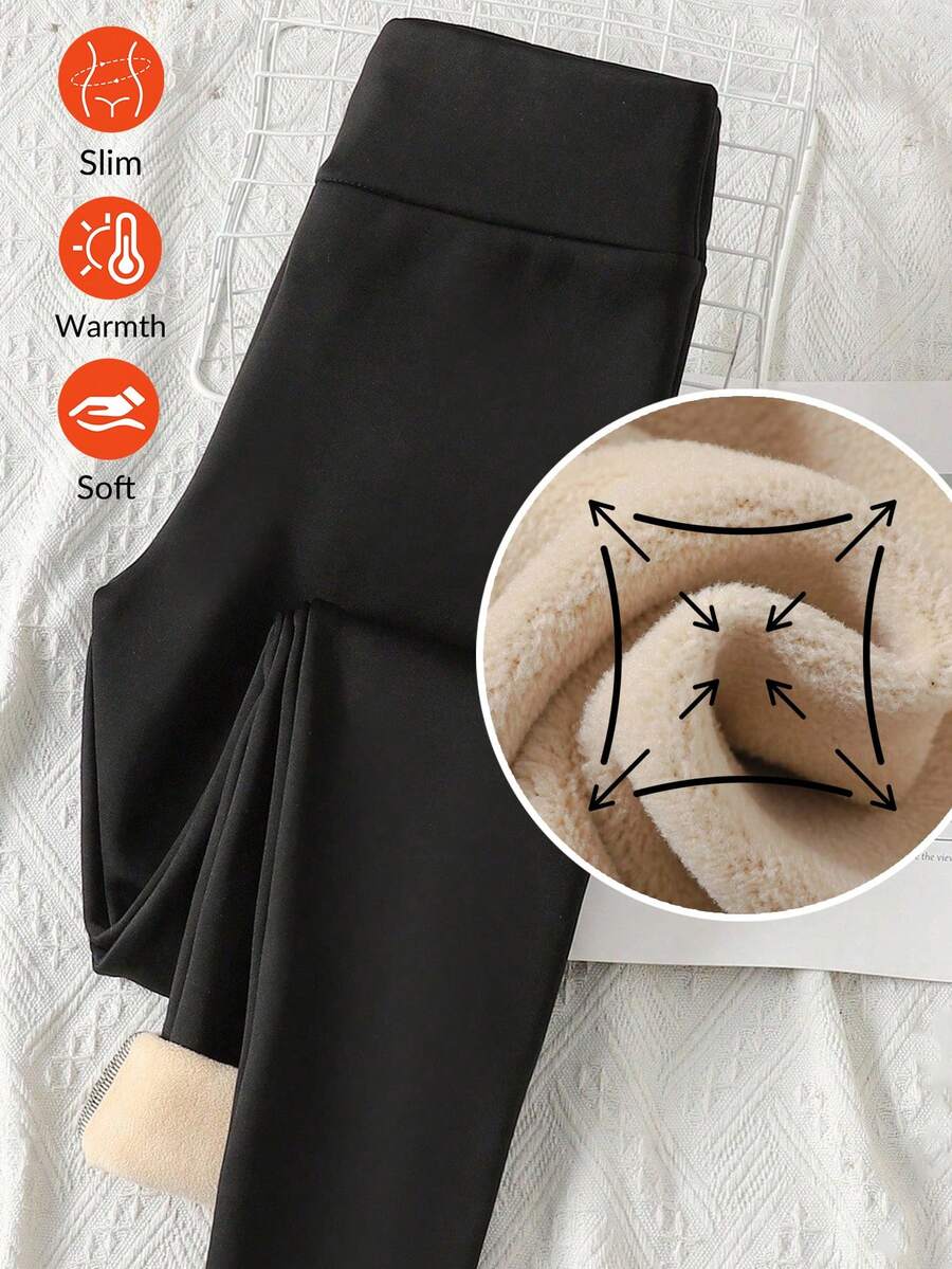 SHEIN Quần legging bó co giãn lót nhiệt màu trơn cho bé gái tuổi teen, mùa thu/đông - màu đen - Xem 1
