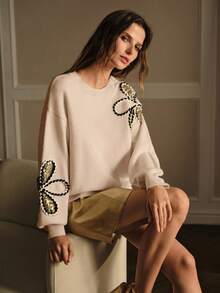MOTF PREMIUM WOMEN'S EMBROIDERED BEADED KNIT PULLOVER SWEATER, AUTUMN/WINTER - Beige - View 6