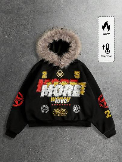 Street Life Men's Fluffy Collar Letter Preppy Print Loose Fit Long Sleeve Hoodie Sweatshirt