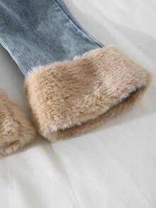 Girls Casual Fashion Simple Round Neck Long Sleeve Fitted Fleece Striped Khaki T-Shirt With Round Neck Sleeveless Short Fur Vest Jacket And Elastic Waist Long Flared Patchwork Fur Denim Pants 3-Piece Outfit, Girls Winter Fashion Suit - Khaki - View 3