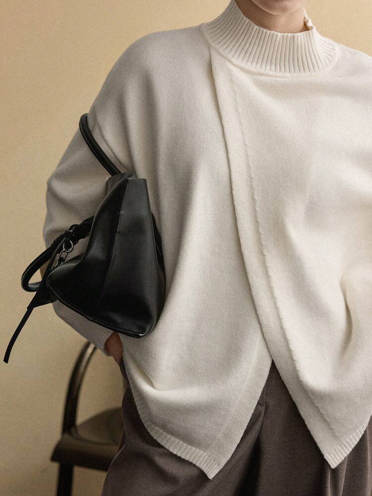 Women's Loose Business Casual Asymmetric Collar Pullover Sweater, Basic Solid Color Minimalist Design, Suitable For Autumn And Winter