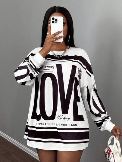 Slaydiva Camiseta holgada de manga larga con cuello redondo, hombros descubiertos, estampado de logotipo en inglés, estilo retro americano casual, falda de color verde claro con flores, para mujer