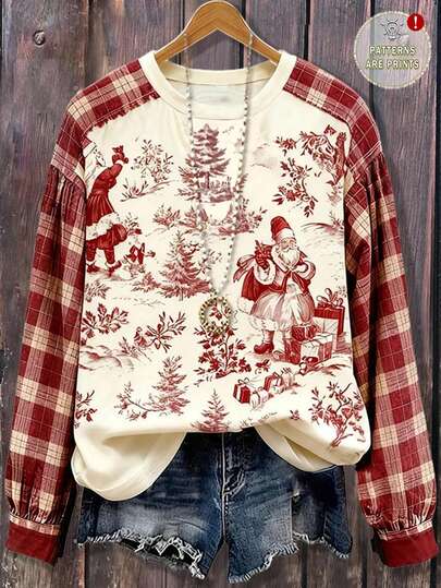 EMERY ROSE New Vintage Santa Claus Plaid Print Long Sleeve Pullover Sweatshirt, Christmas