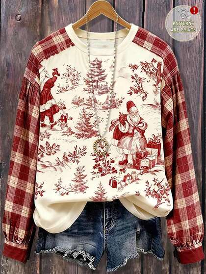 EMERY ROSE New Vintage Santa Claus Plaid Print Long Sleeve Pullover Sweatshirt, Christmas