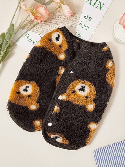 PETSIN 1pc Pet Cat Dog Universal Fashion Brown Cute Teddy Bear Pattern Printed Double Sided Elastic Plush Comfortable Warm Open Button Dog Sleeveless Jacket
