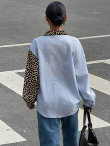 EMERY ROSE Autumn French Elegant Leopard Print Colorblock Striped Loose Casual Long Sleeve Blouse For Women - Multicolor - View 2