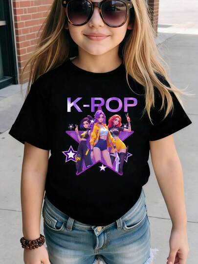 Explorewe Young Girl Casual Fashion Creative Personalized Refreshing Minimalist High-Endy Cool Virtual Girl Group Character Glitter Pentagram Logo Slogan Graphic Print Comfortable Basic Short T-Shirt, Cozy Fall Styles Suitable For All Seasons Pop Pop Shirt Kids Kid Rock Shirt Crop Top Kid Kid Tops Kid Girl Star Shirts