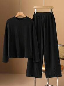 Rusticease Ensemble 2 pièces femme, Top à manches longues et pantalon en tricot de couleur unie et texture minimaliste. Tenue décontractée pour tous les jours - Noir - Voir 3