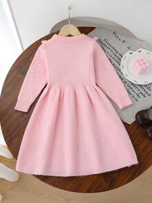 Young Girl Unique Patterned Heart & Bow Ruffle Hem Dress,Pink Autumn Fairy Sweater Dress,Long Sleeve Toddler Girls Fall Outfits Winter Clothes - Pink - View 2