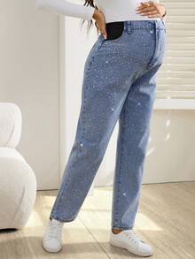 SHEIN Maternity Fashionable Casual Elastic Waist Rhinestone Embellished Jeans - Light Wash - View 5