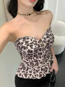 DAZY Women's Leopard Print Frill Trim Tie Front Casual Vacation Camisole Top - Brown - View 3