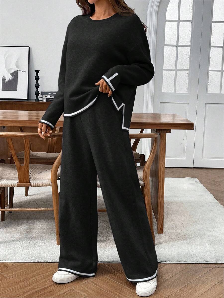 EMERY ROSE 2pcs Women Contrast Color Trim Thermal Lined Sweatshirt And Sweatpants Set, Autumn/Winter - Black - View 1