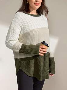 Momelise Plus Size Blogger-Inspired Colorblock Twist Rope Floral Pattern Loose Casual Crew Neck Long Sleeve Pullover Sweater, European & American Style