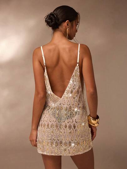 Glamine Sexy Sequin Embellished Mini Dress, Suitable For Party, Nightclub And Outings Open Back Dress Summer Dress Beaded Dress Backless Dress Sequin Dress Open Back Dresses Sequence Dress Backless Sundress