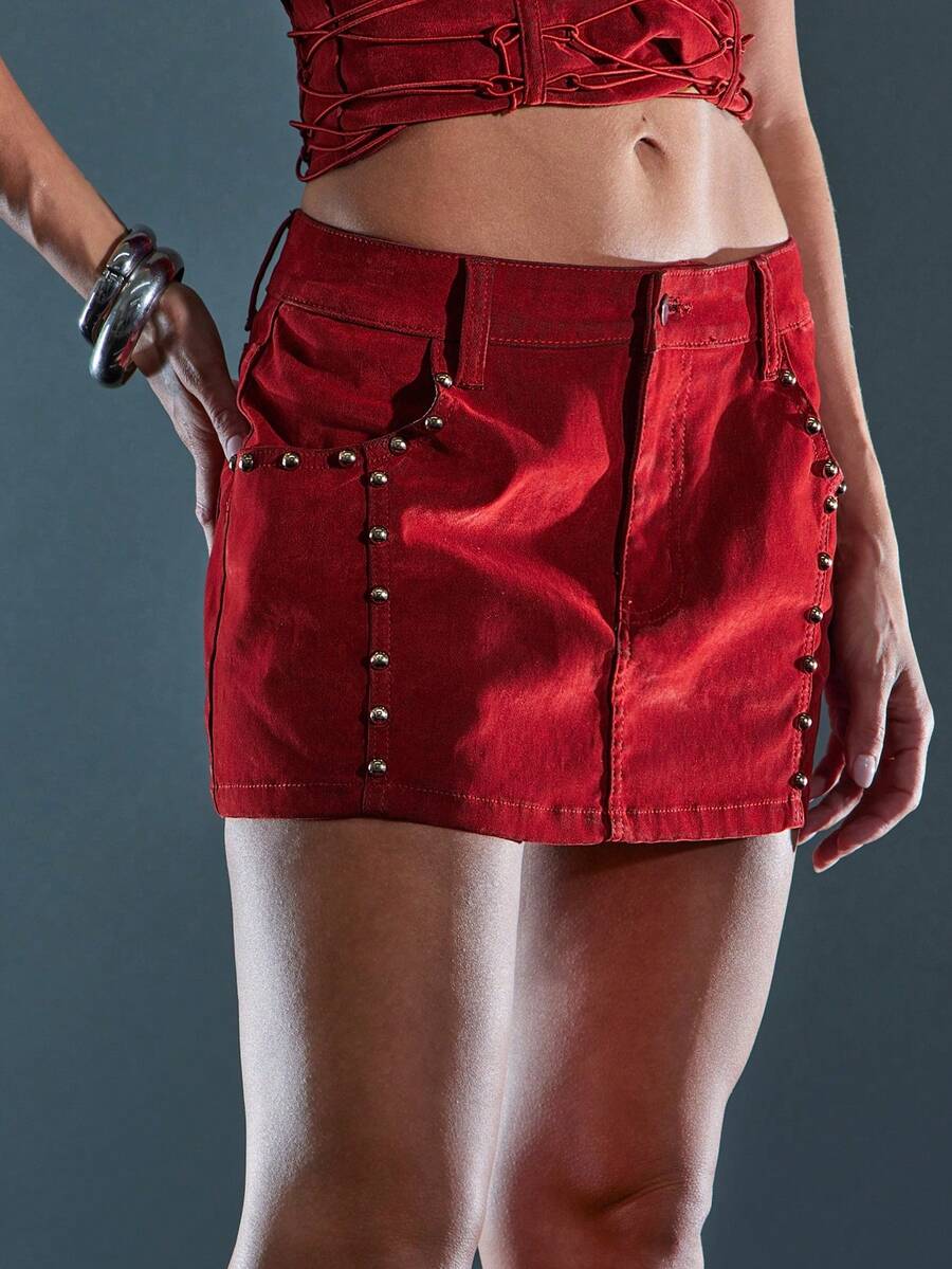 Denimoi 丝绒牛仔超短迷你裙性感GNO夜店演唱会时尚 - 紅色 - 查看 1