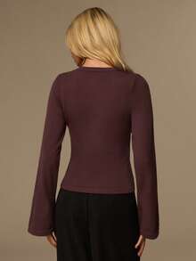 Glamine Áo len dệt kim cổ tròn tay dài ôm vừa vặn họa tiết hoa kim loại rỗng cho nữ - màu nâu - Xem 2