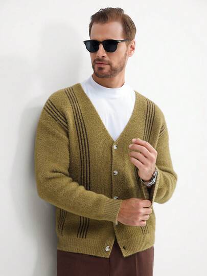 Manfinity CityGents Men's Contrast Stripe V-Neck Long Sleeve Button-Front Casual Knit Cardigan Men Cardigan Knitted Cardigans Knit Wear Cardigan Cashmere, For Winter