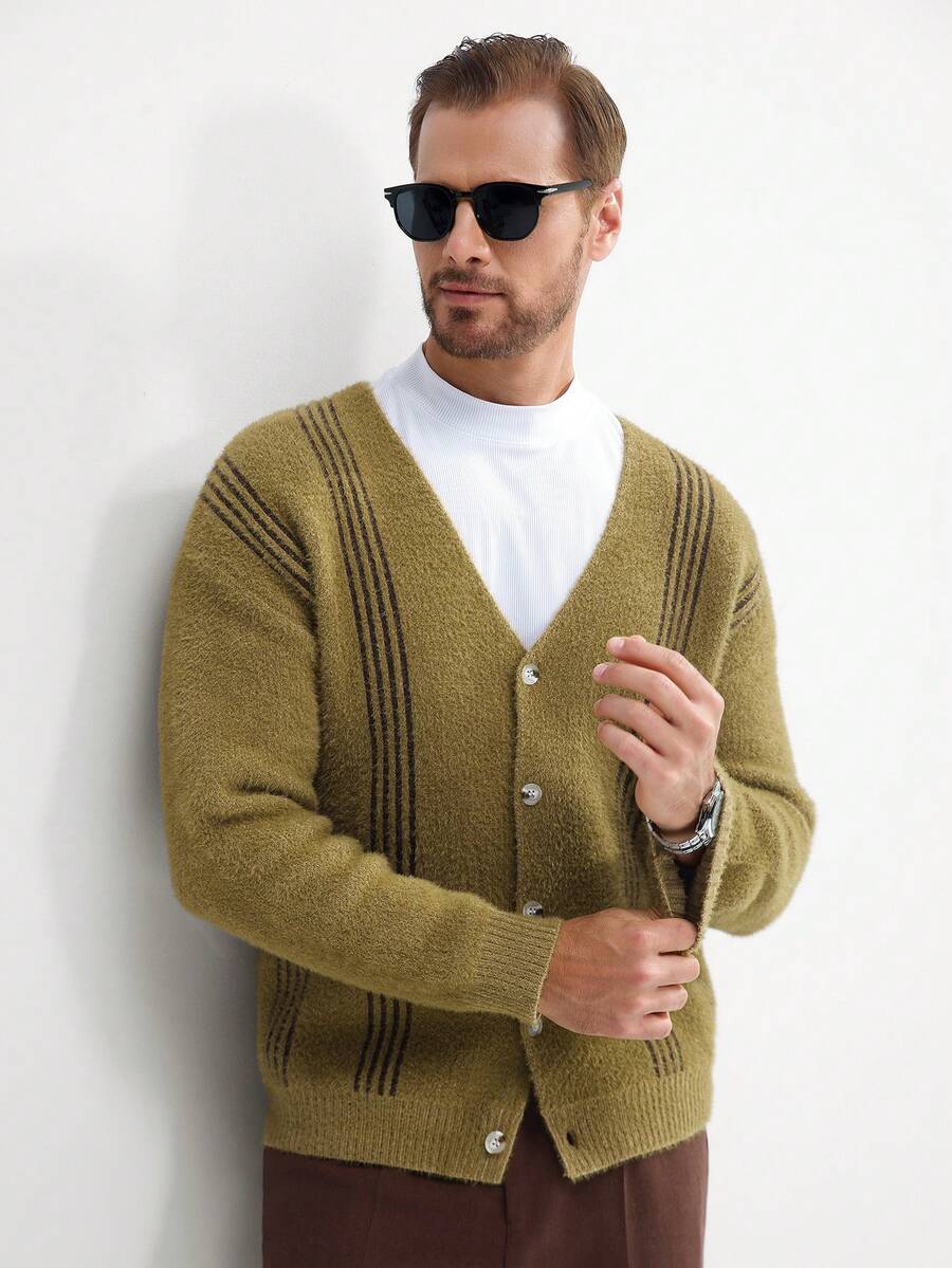 Manfinity CityGents Men's Contrast Stripe V-Neck Long Sleeve Button-Front Casual Knit Cardigan Men Cardigan Knitted Cardigans Knit Wear Cardigan Cashmere, For Winter