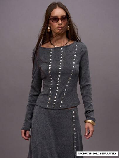 MUSERA Top asimétrico de punto con cuello en pico, detalle de botones, solo parte superior de conjunto, otoño, invierno, salida nocturna, ropa de calle, lindo, vuelta al colegio, sexy, sin cortar, Navidad, elegante