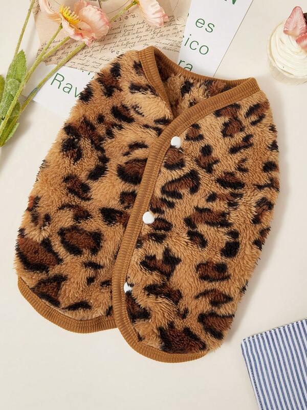 PETSIN 1pc Pet Cat And Dog Universal Fashionable Brown Leopard Print Double-Sided Elastic Plush Comfortable Warm Open Button Dog Sleeveless Jacket