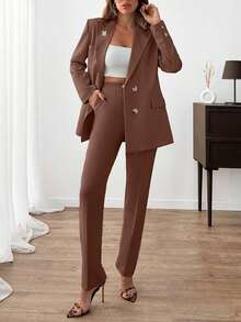 EURMUSE Ensembles de costumes pour femmes de couleur unie, veste blazer et pantalon avec détails de strass et boutons devant - Tabac - Voir 4