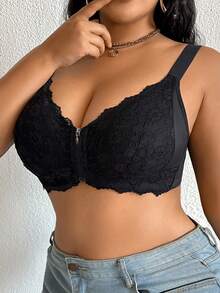 SHEIN 1pc Plus Size Black Wireless Lace Front Zip Closure Comfortable Wide Strap Bra - Black - View 6