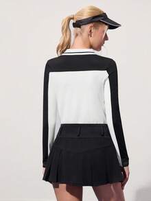 CourtClass Damen Farbblock Polokragen Langarm Top und Mini Rock Golf Outfit - Schwarz und Weiss - Übersicht 7
